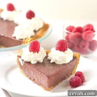A decadent slice of chocolate pie topped with whipped cream and raspberries.
