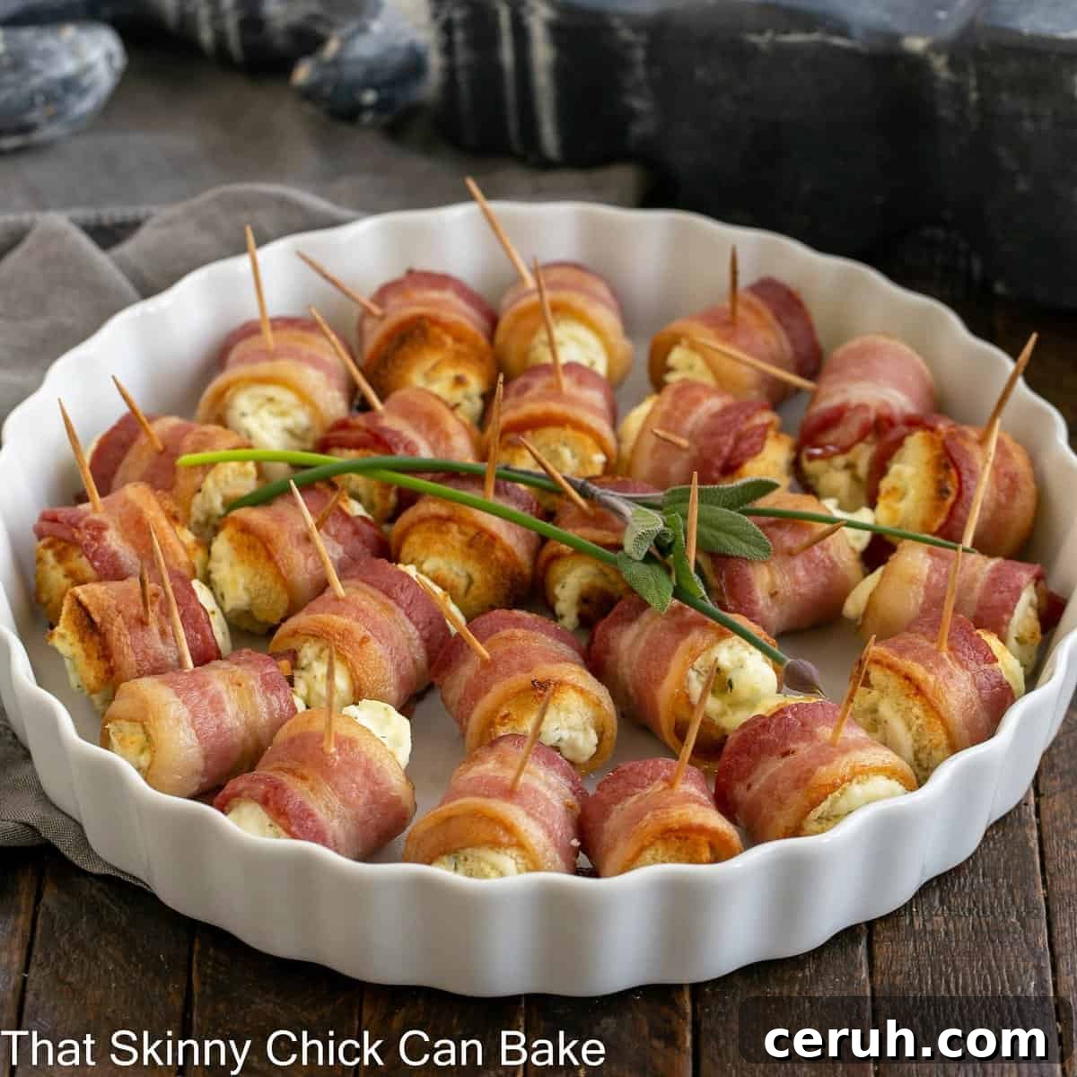 Bacon and Cheese Rolls in a round rimmed serving dish