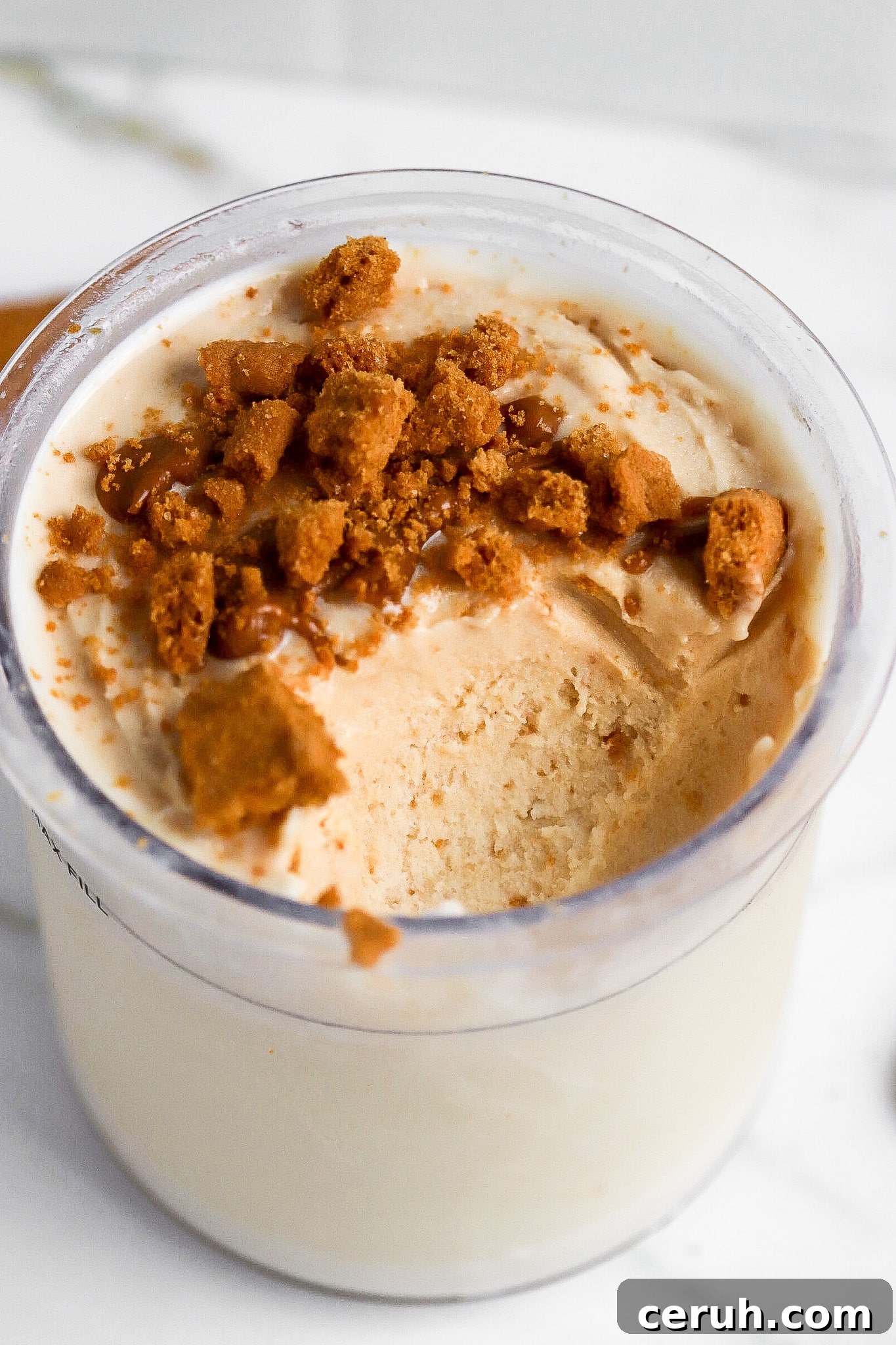 side angle of ninja creams protein ice cream with biscoff cookies on top