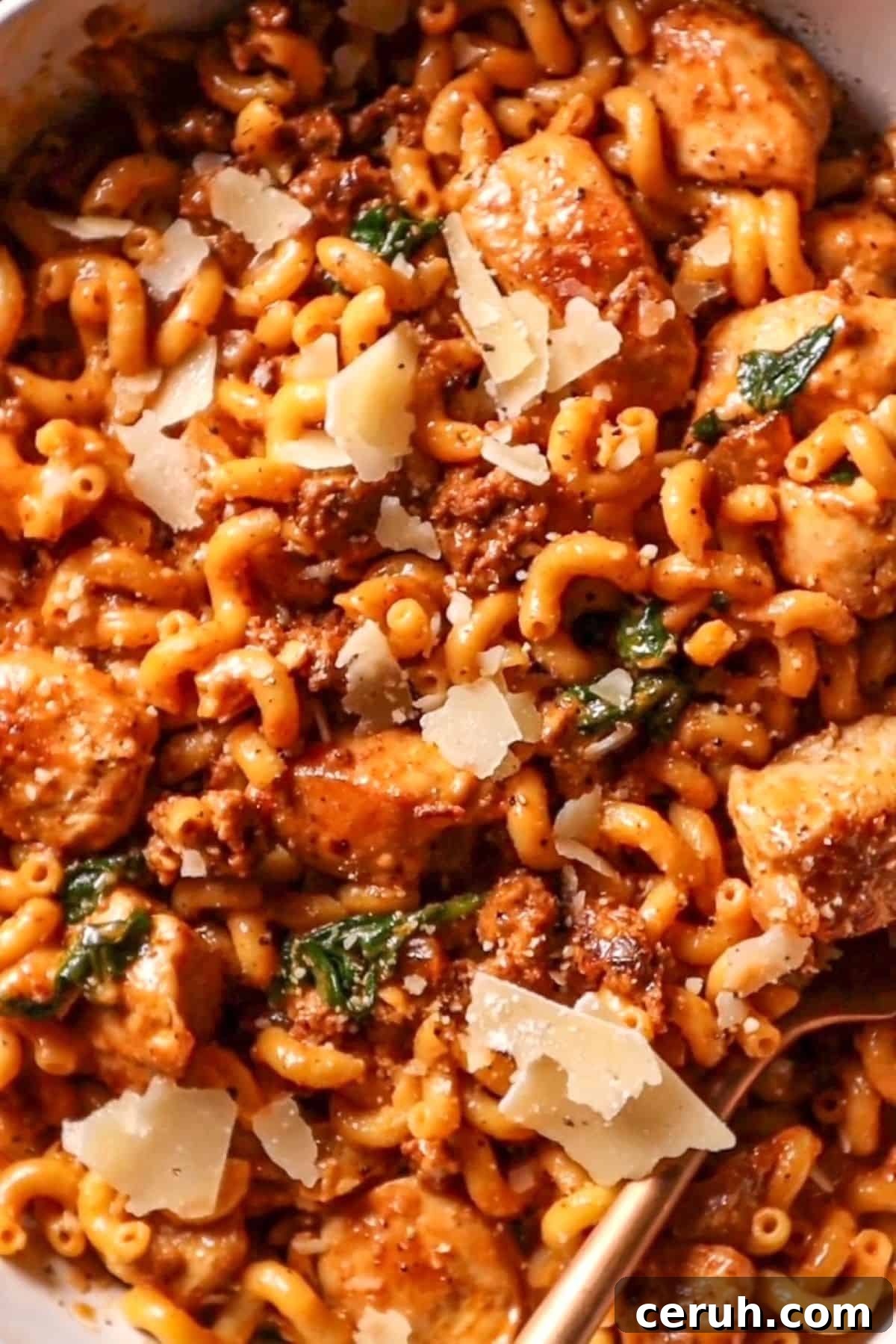 Creamy Chicken and Chorizo Pasta Bake 2 chicken & chorizo pasta topped with parmesan