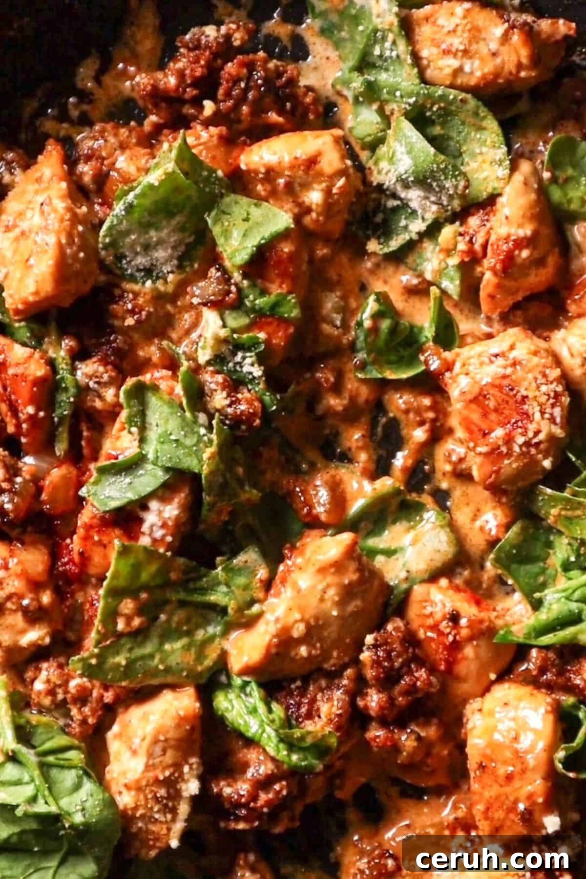 Creamy Chicken and Chorizo Pasta Bake 3 chicken chorizo pasta ingredients in pan