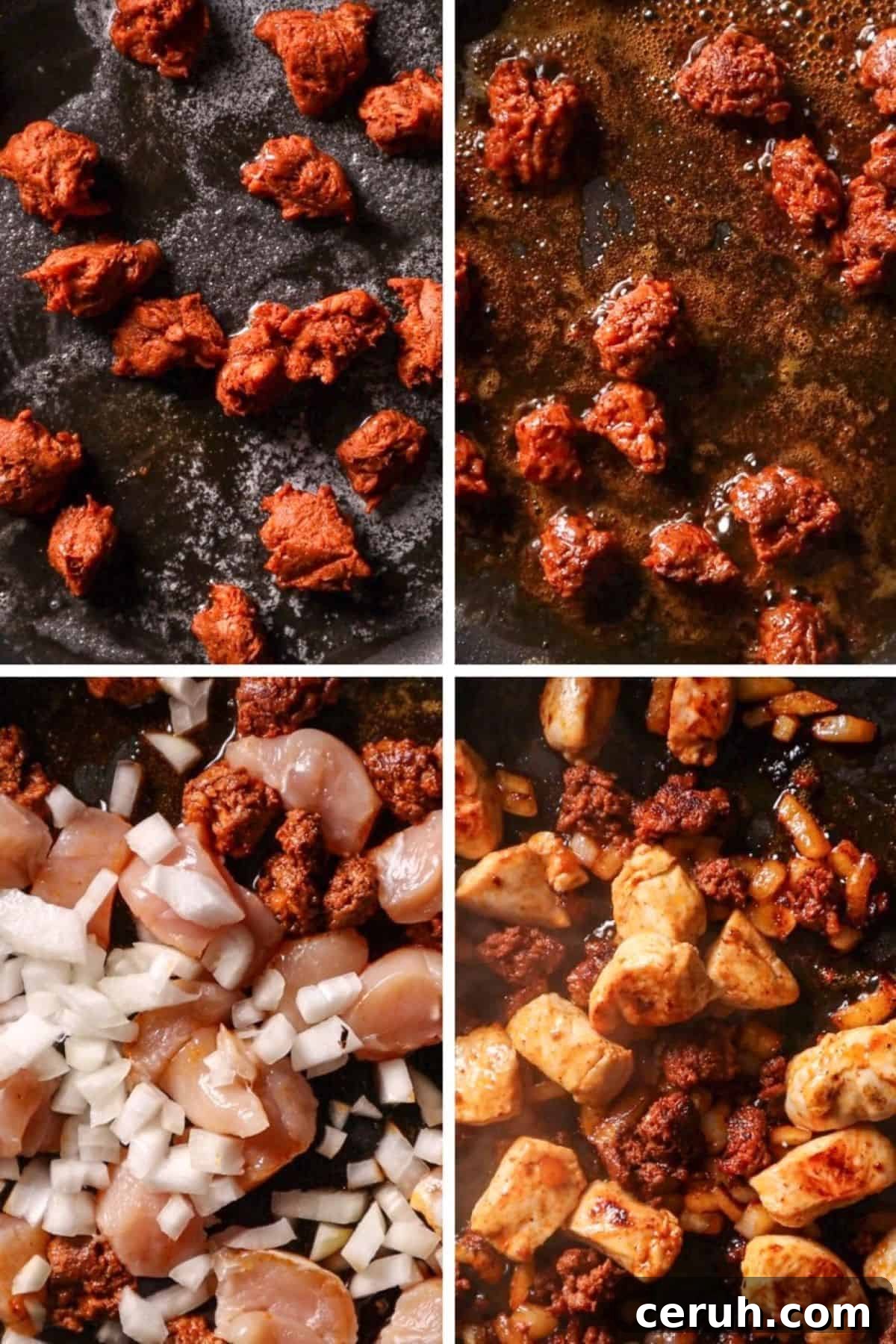 Creamy Chicken and Chorizo Pasta Bake 4 step by step collage how to cook chicken and chorizo