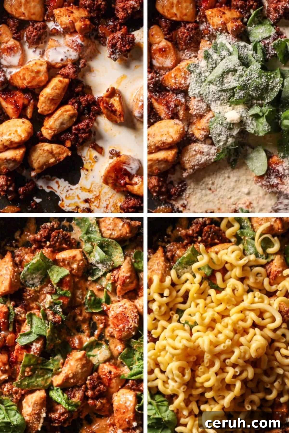 Creamy Chicken and Chorizo Pasta Bake 5 step by step collage how to make chicken chorizo pasta