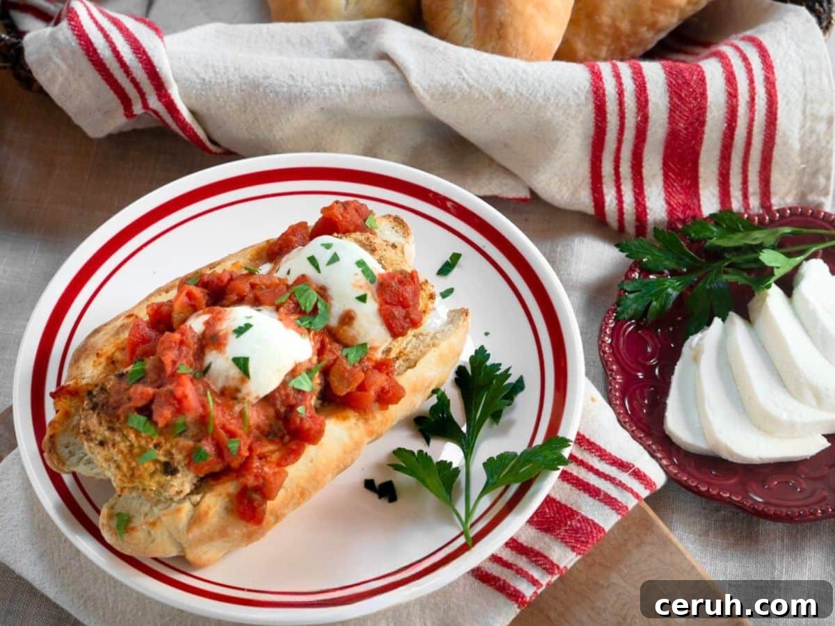 Angled view of a plate holding a ciabatta sub topped with chicken meatballs, melted mozzarella, and fresh marinara - Hostess At Heart