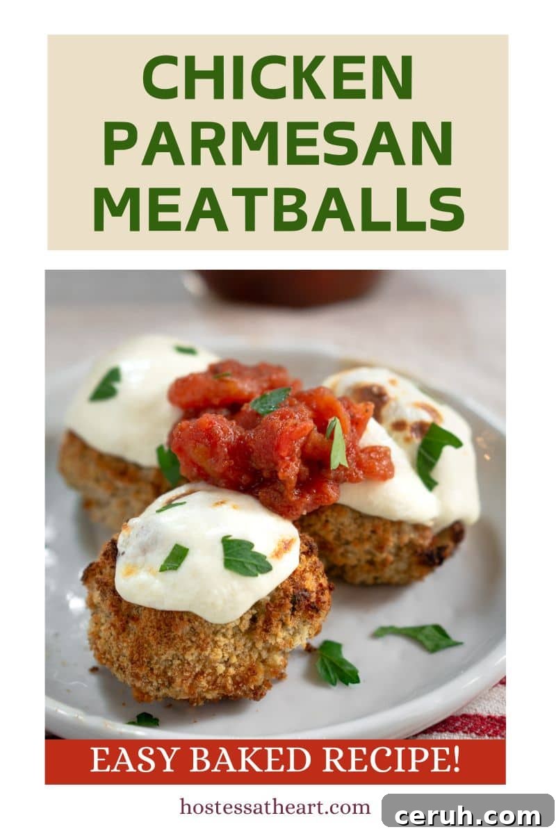 Image for Pinterest of three meatballs covered with melted cheese and chunky tomato marinara. Hostess At Heart