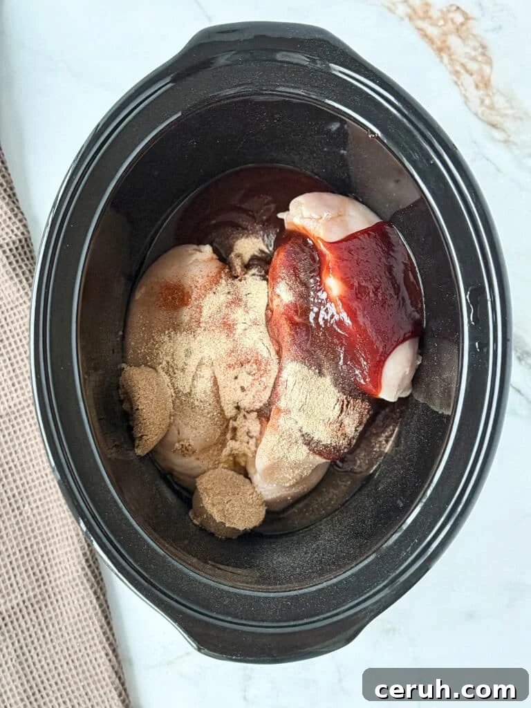 Ingredients for brown sugar bbq chicken in a crockpot.