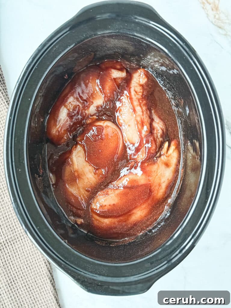Ingredients for brown sugar barbecue chicken in a slow cooker mixed up.