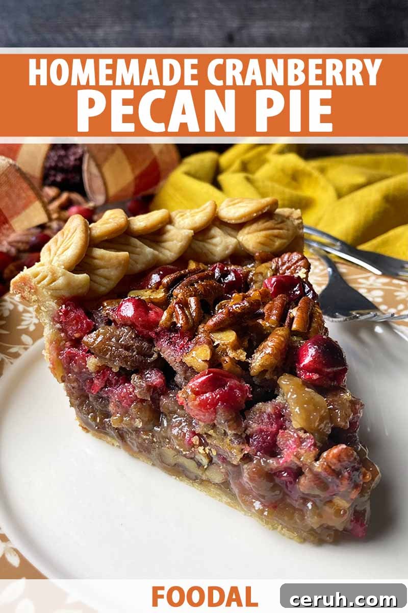 Vertical image of a slice of a fruit and nut pastry on a plate next to a yellow towel, with text on the top and bottom of the image.