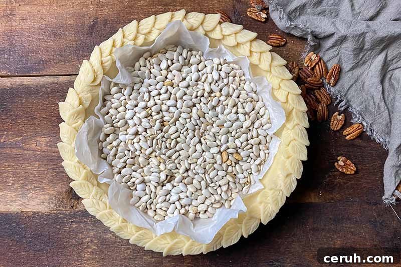 Horizontal image of dried beans in an unbaked crust.