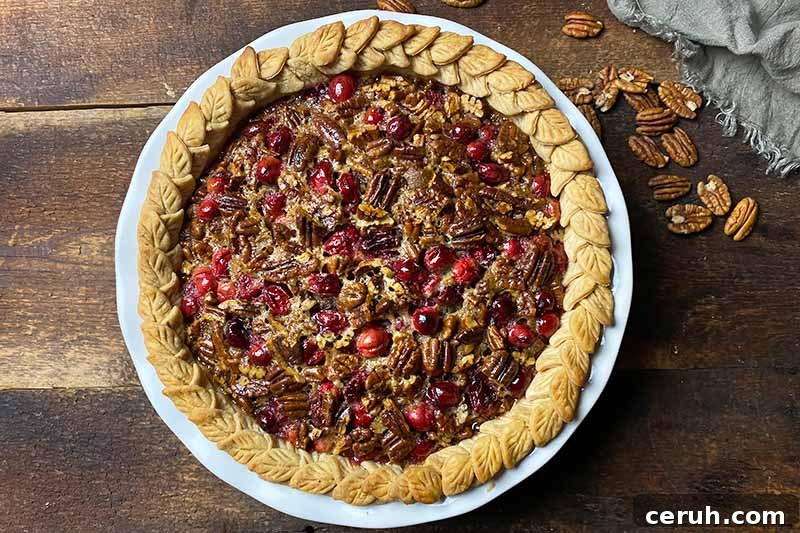 Horizontal image of a baked fruit and nut pastry with a decorative crust.