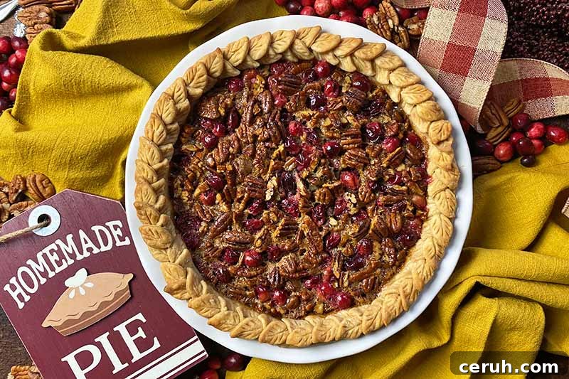 Horizontal image of a whole pastry with a dark brown filling surrounded by fall-themed decor.