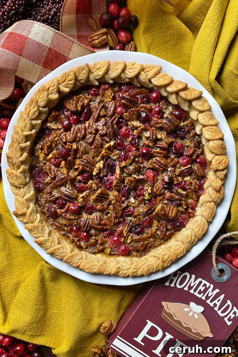 Vertical image of a whole baked pastry with decorative crust and dark brown and red filling.