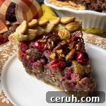 Horizontal image of a slice of a fruit and nut pastry on a white plate next to plaid fabric and a casserole dish.