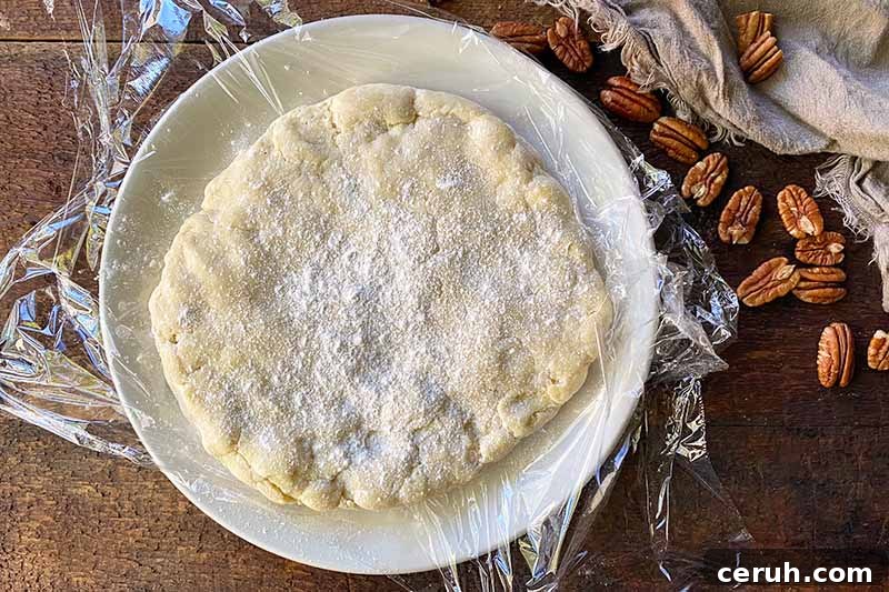Horizontal image of a round disc of dough on a plate.