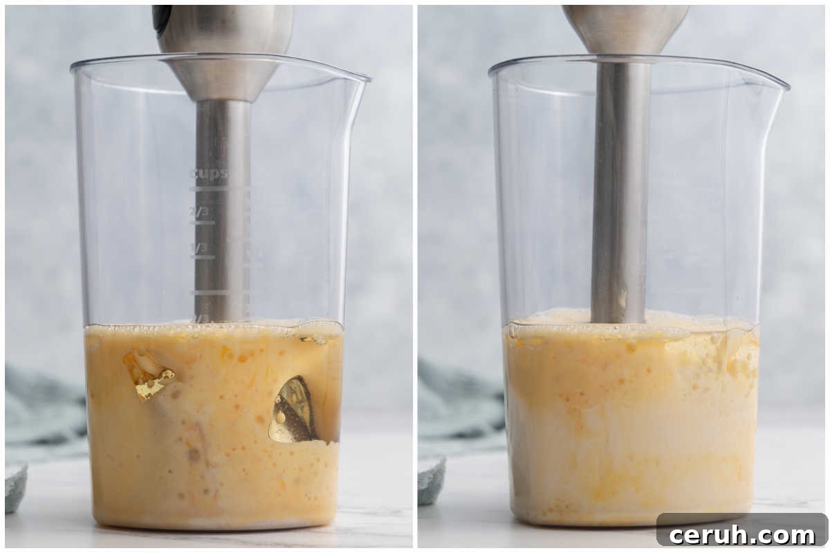 blending the ingredients in a jar to make homemade mayo.