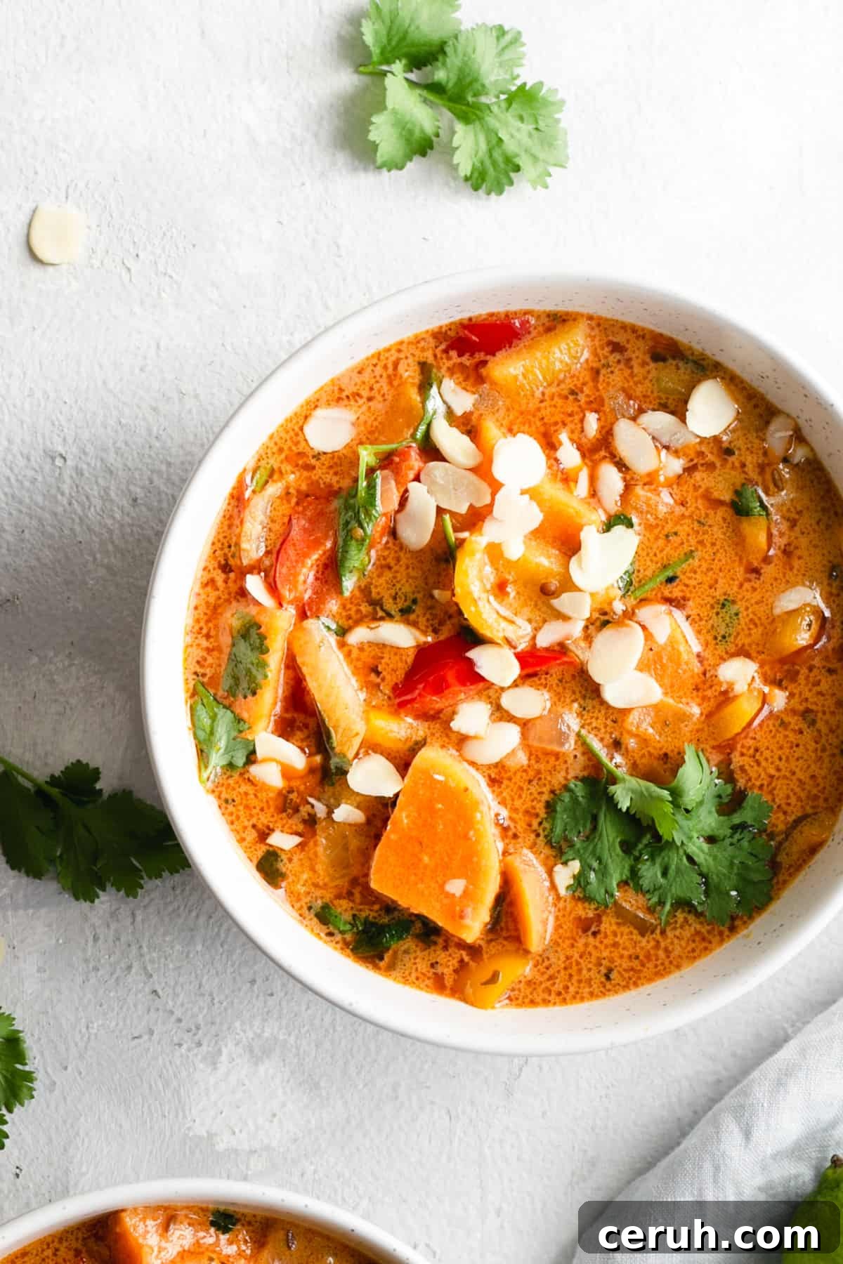 overhead shot of a single bowl with sweet potato curry topped with toasted almonds and coriander