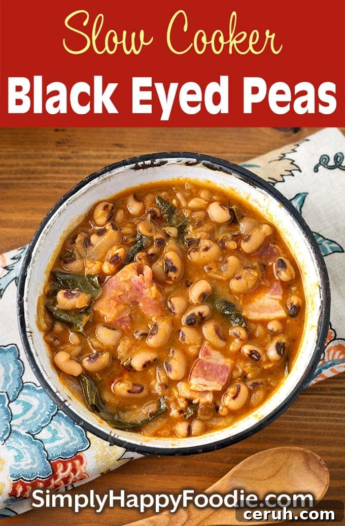 Slow Cooker Southern-Style Black-Eyed Peas Recipe 5 Slow Cooker Black Eyed Peas in white bowl with black rim as well as title and Simply Happy Foodie.com logo