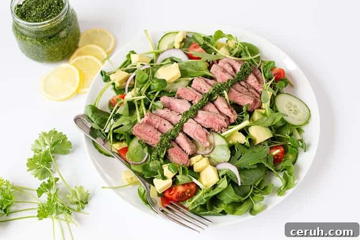 Chimichurri Steak Salad Recipe - A lighter version of your favorite steak dinner! This chumichurri recipe is so easy and goes great as a sauce or a dressing.