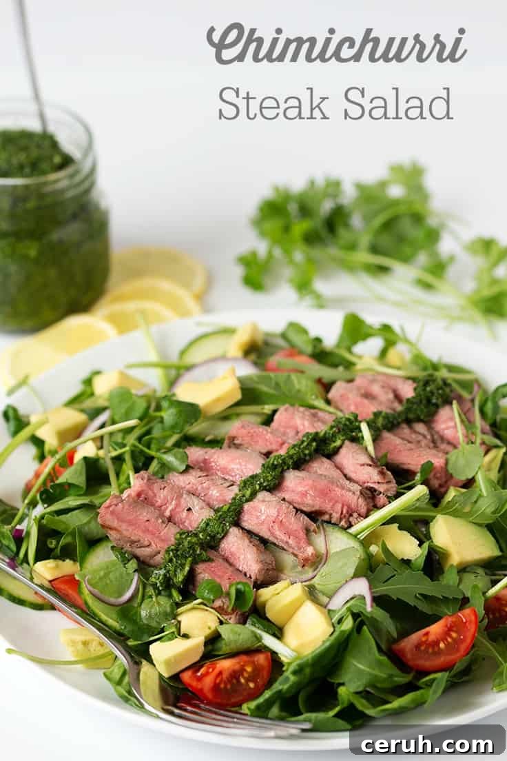 Chimichurri Steak Salad Recipe - A lighter version of your favorite steak dinner! This chumichurri recipe is so easy and goes great as a sauce or a dressing.