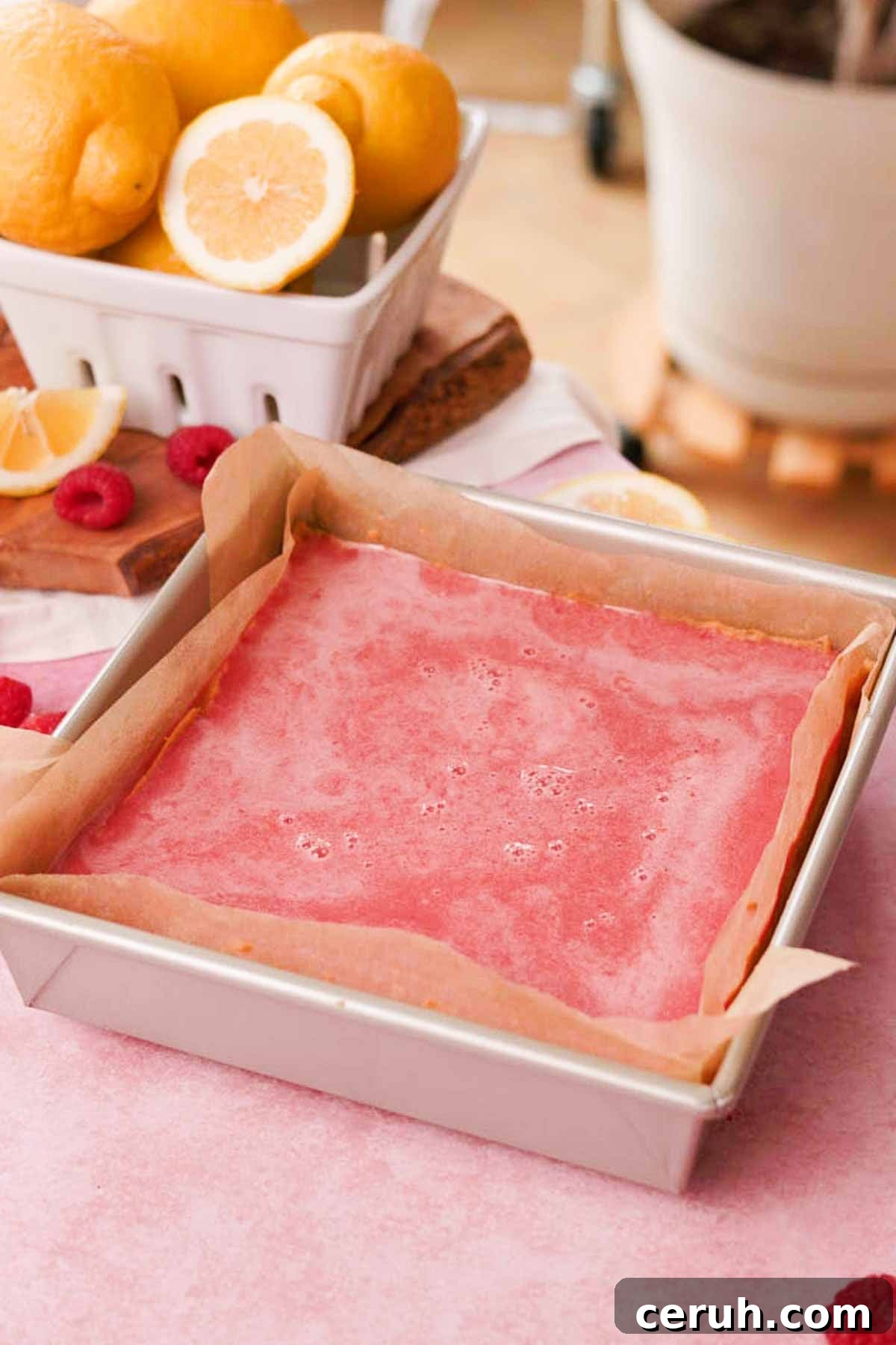 ready to bake lemon raspberry bars in square baking pan