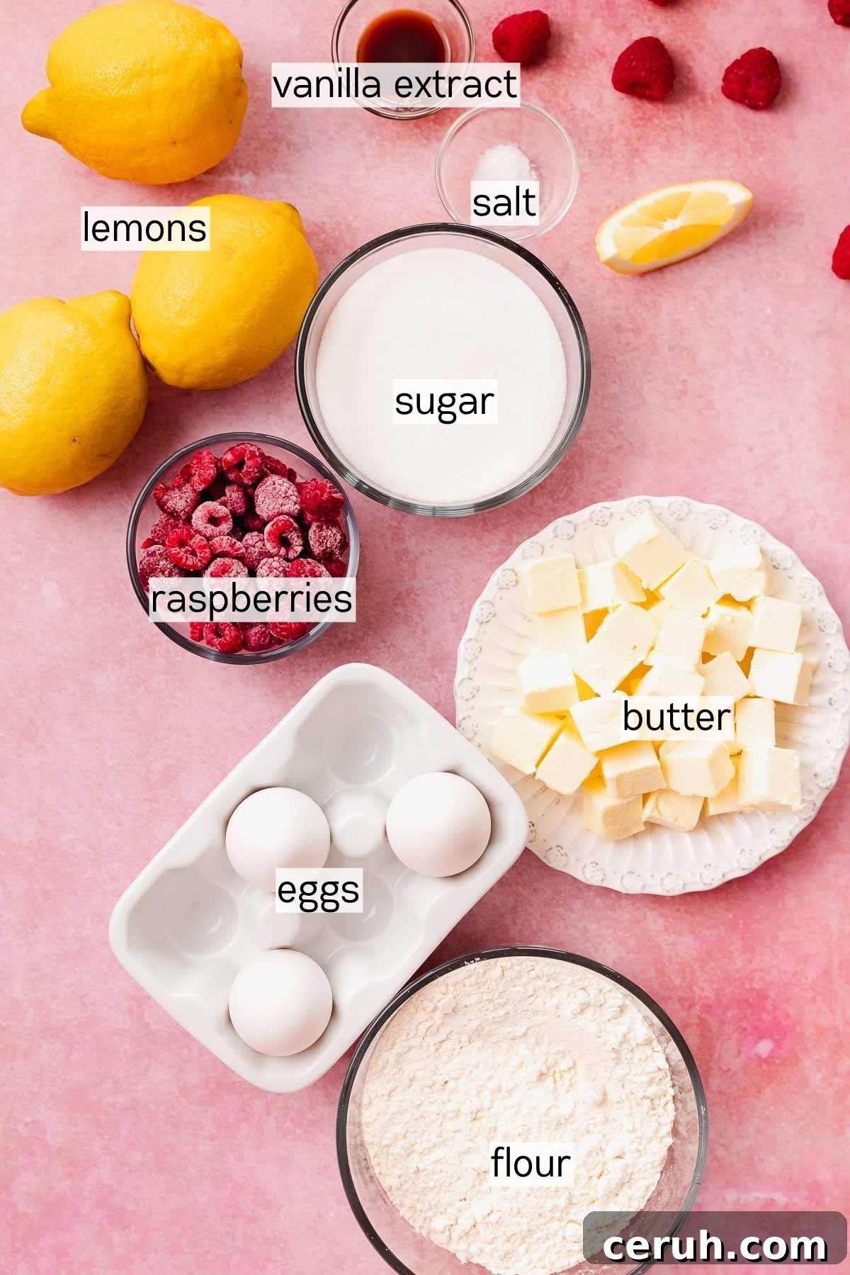 lemon raspberry bars ingredients in glass bowls and plates