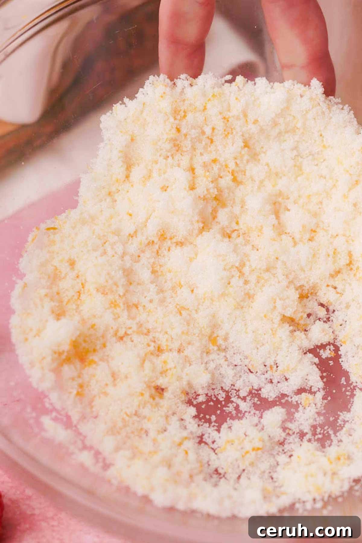rubbed lemon zest and sugar for lemon raspberry bars