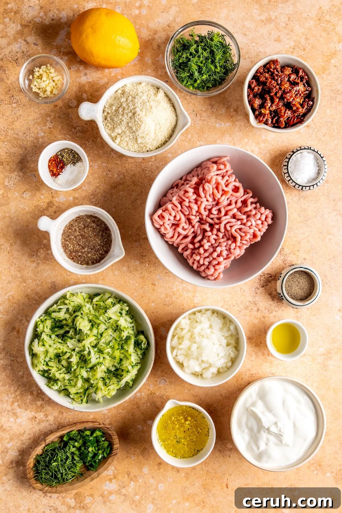 Ingredients for Sun Dried Tomato Meatballs with DF Tzatziki - Olivia Adriance