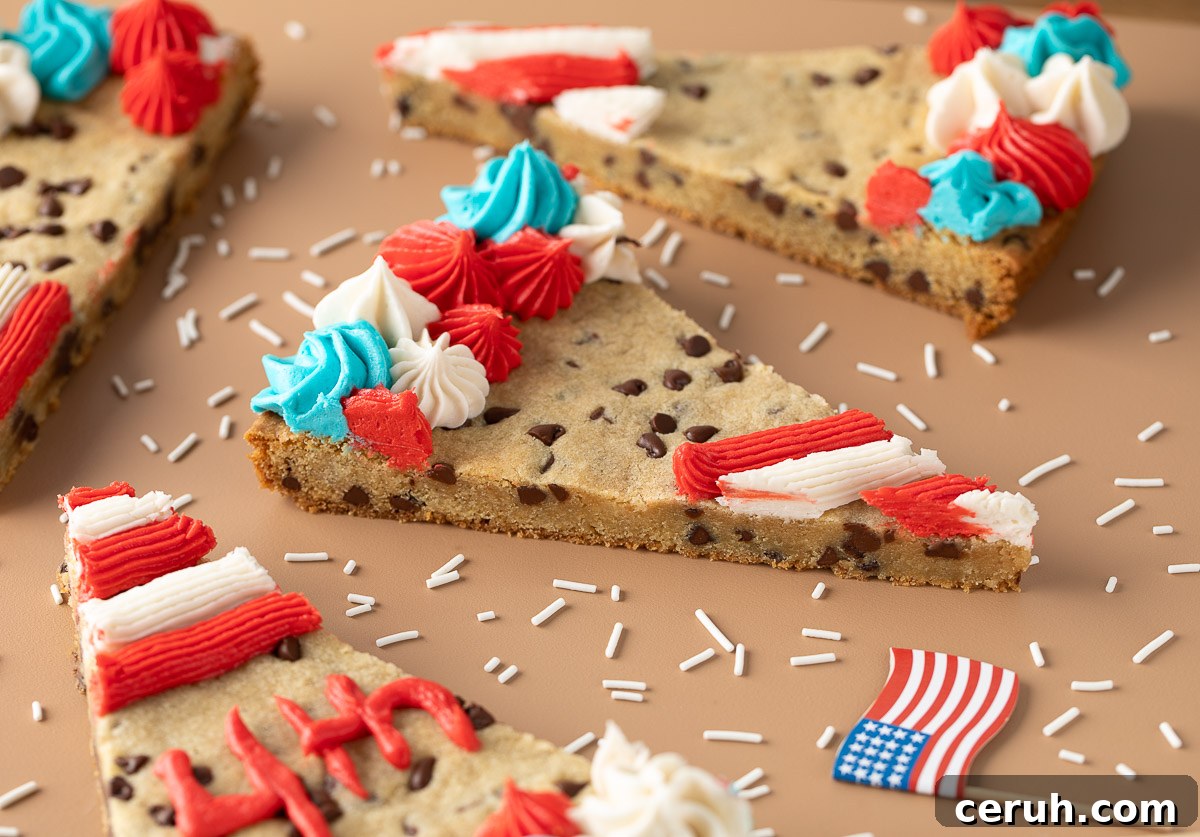 Chocolate Chip Cookie Cake slices with red white and blue frosting