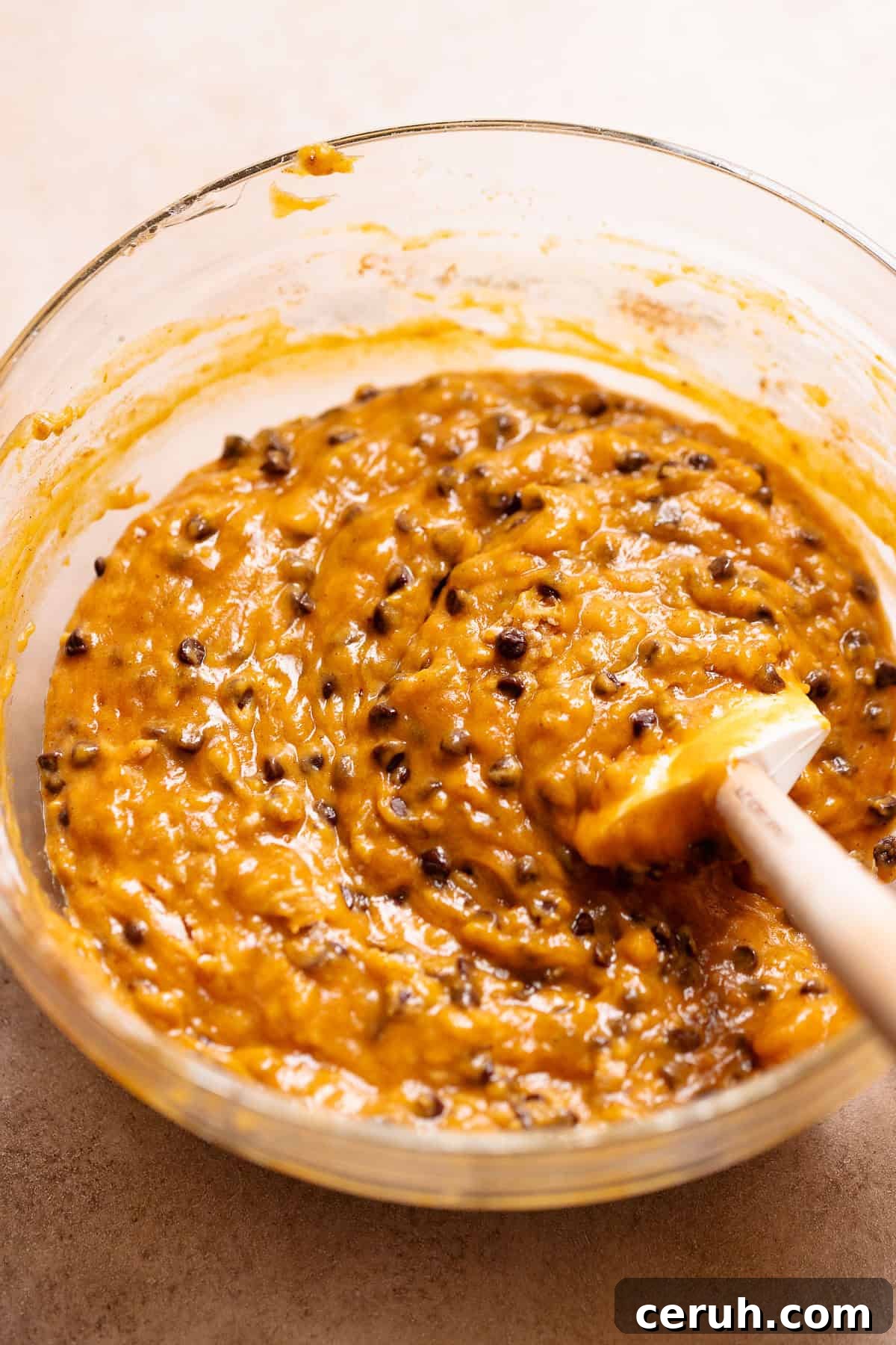 A bowl of the pumpkin bread batter with mini chocolate chips folded in.