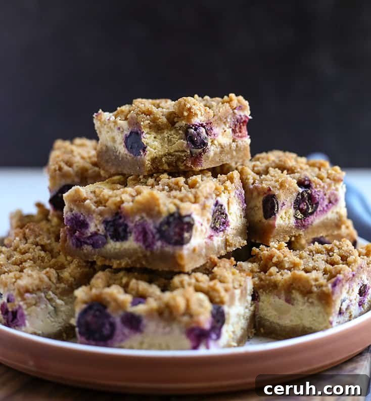 stack of gluten free blueberry cheesecake bars with a bite taken out of the top one