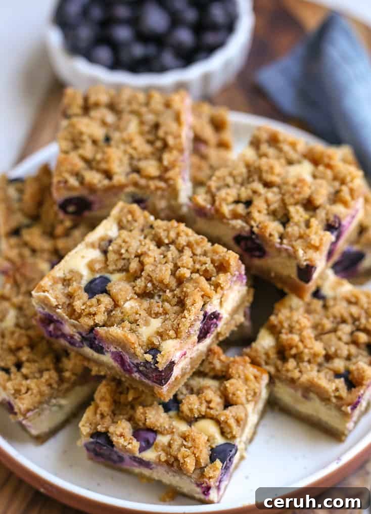 blueberry cheesecake slices stacked on a plate 