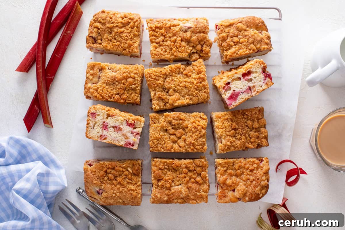 Overhead view of sliced rhubarb streusel cake.