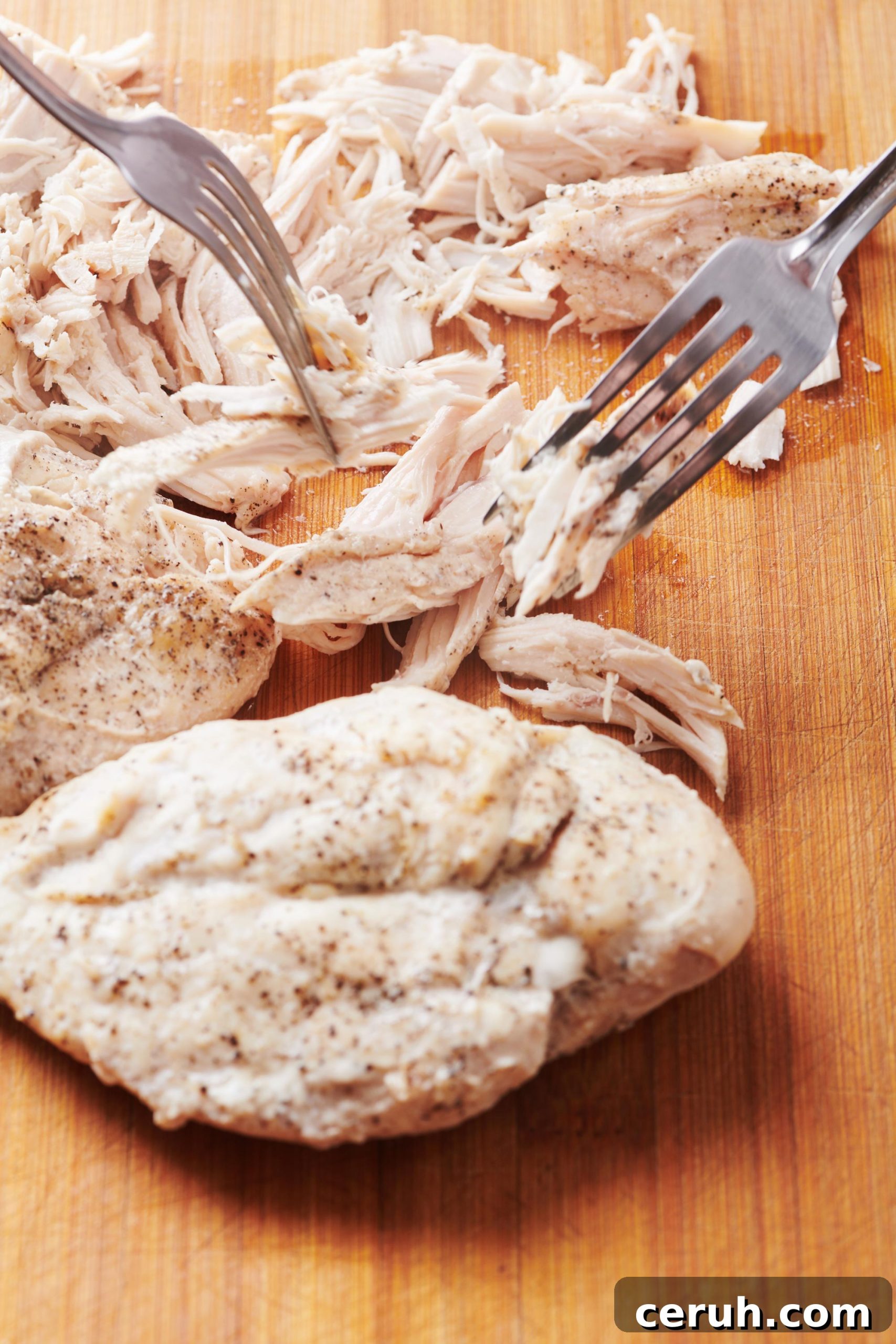 Two forks shredding chicken on a wooden surface.