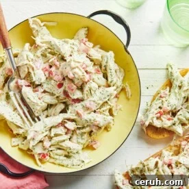 Herbed Chicken Salad in yellow bowl and on toasted bread.