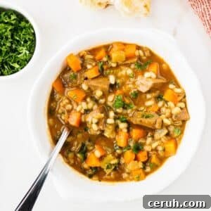 Bowl of beef barley soup.