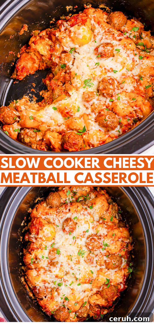 Cheesy meatball casserole in a slow cooker, topped with melted cheese and chopped herbs.
