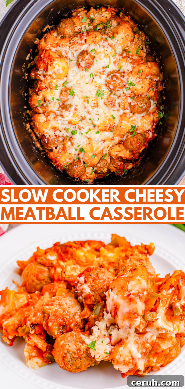 Slow cooker cheesy meatball casserole topped with herbs, shown both in a black pot and served on a white plate.