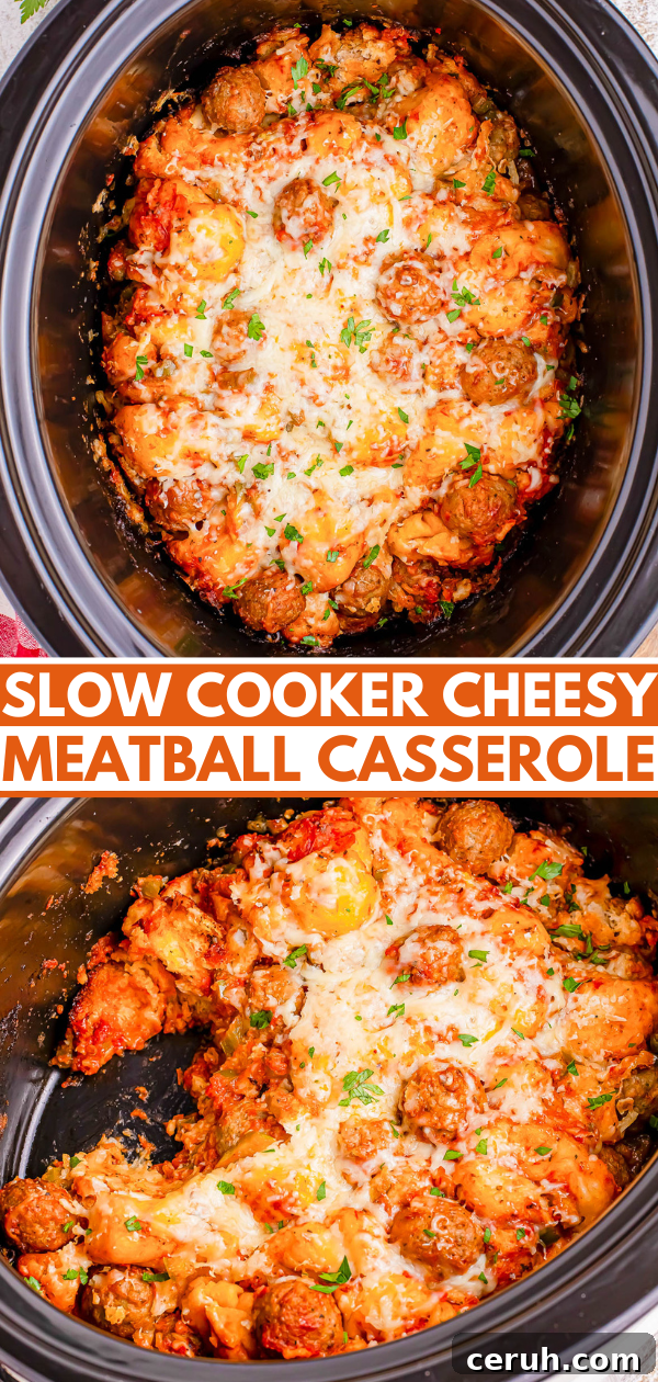 Cheesy meatball casserole in a slow cooker, topped with melted cheese and herbs, shown before and after mixing.