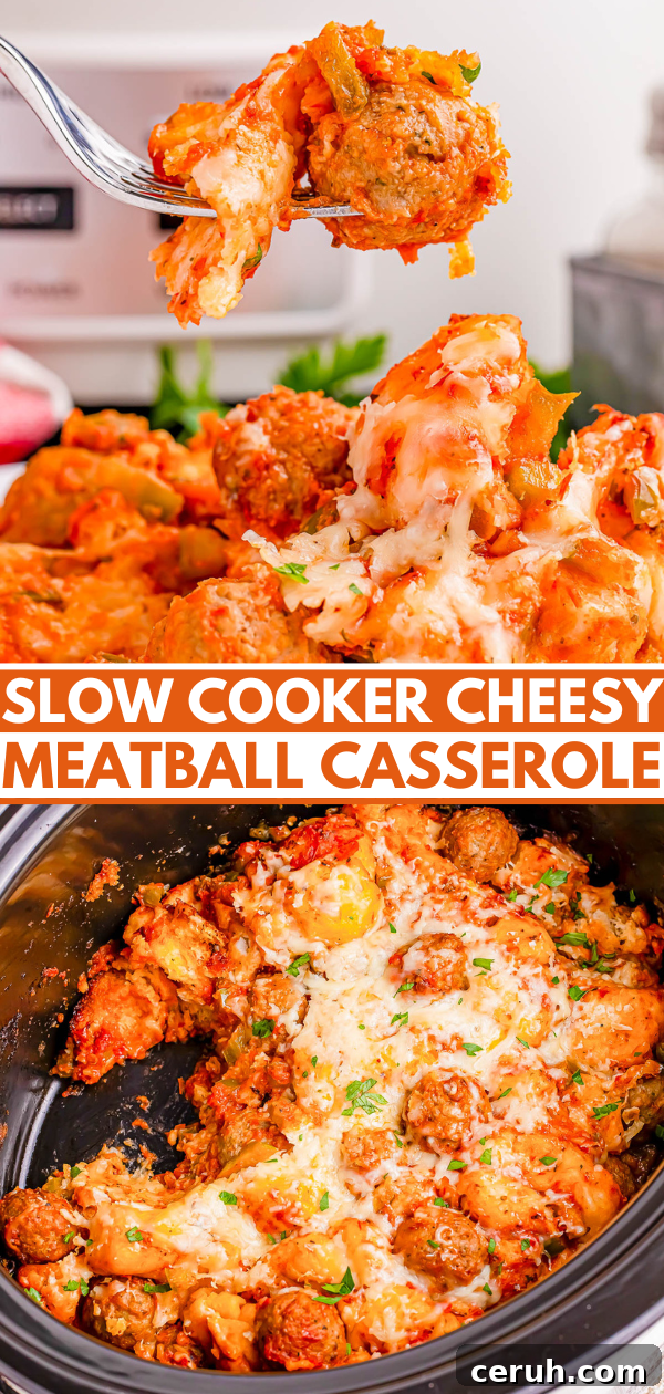 A utensil holds a portion of cheesy meatball casserole above a slow cooker filled with the same dish.