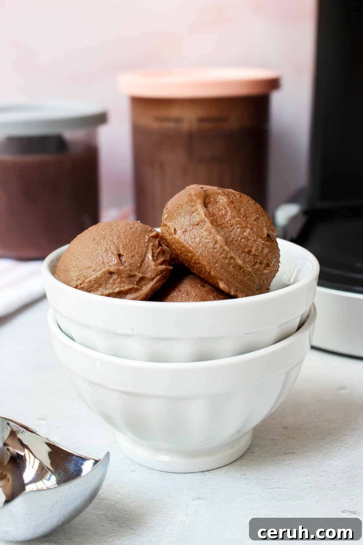 Scoops of Ninja Creami Chocolate Protein Ice Cream in a small bowl