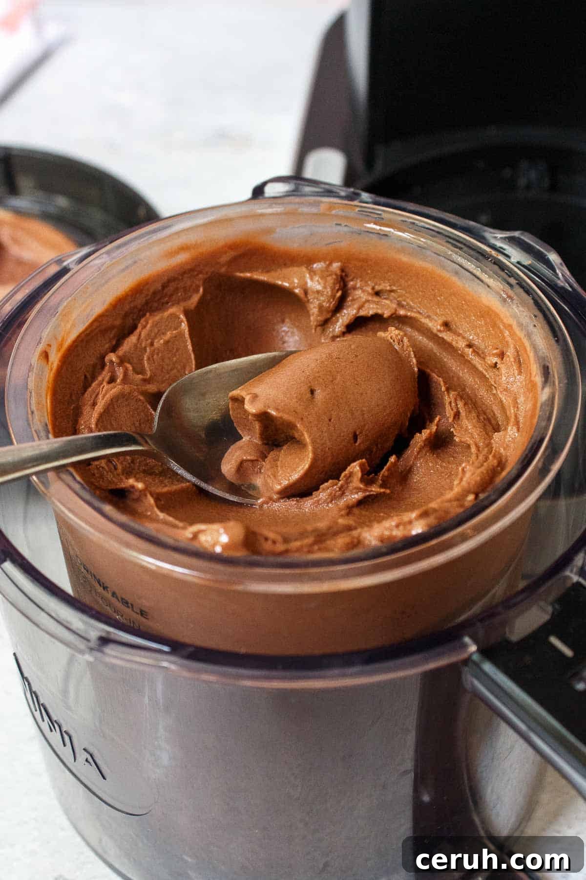 Ninja Creami Chocolate Protein Ice Cream scooped into a spoon to show the soft-serve-like texture