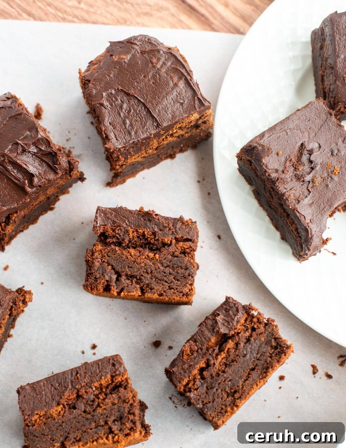 Sourdough brownies on a piece of parchment paper on a table.