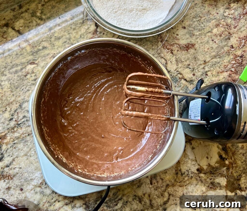 A hand mixer sits next to a bowl containing a chocolate mixture.