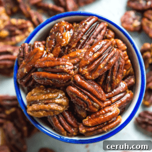A bowl of honey glazed pecans, surrounded by more pecans.