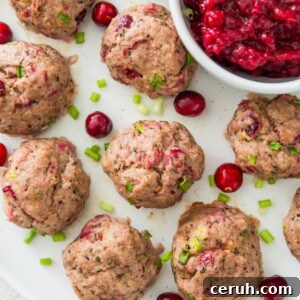 A plate with cranberry turkey meatballs on it with a bowl of cranberry sauce beside the meatballs.
