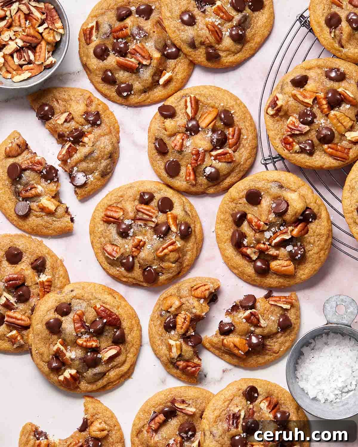 Chocolate Chip and Pecan Cookies — Chewy Oven-Baked Recipe 8 Cookies arranged on a surface with some broken in half.