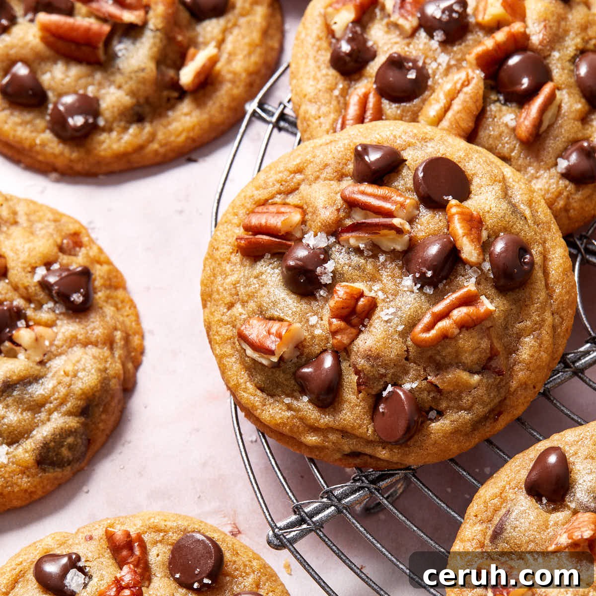 Chocolate Chip and Pecan Cookies — Chewy Oven-Baked Recipe 10 Close up view of a chocolate chip pecan cookie on a wire cooling rack.