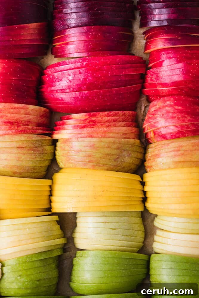 Thinly sliced apples for an apple galette arranged like a rainbow on a pie dough. Apples are purple, red, orange, yellow and green.