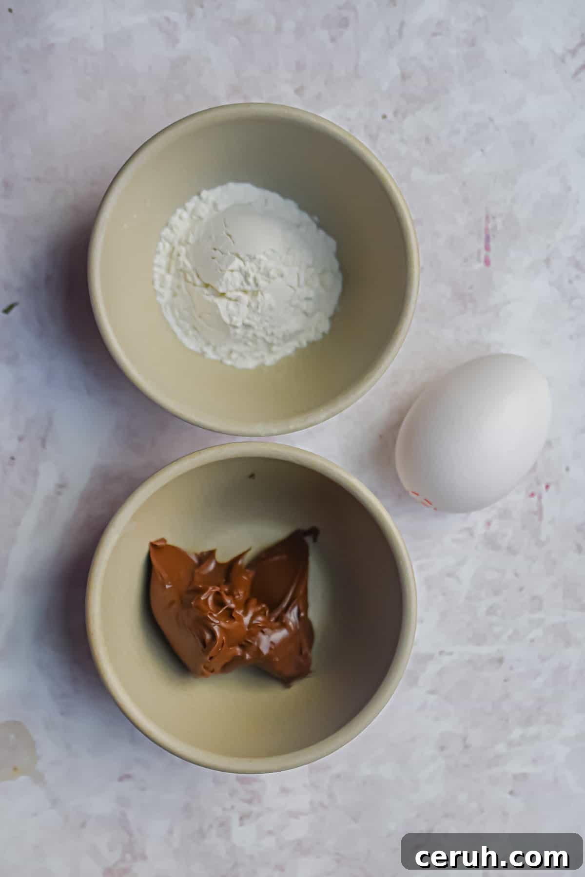 An overhead shot of the ingredients for nutella mug cake