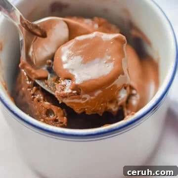 A spoon is lifting the Nutella Mug cake out of the mug.